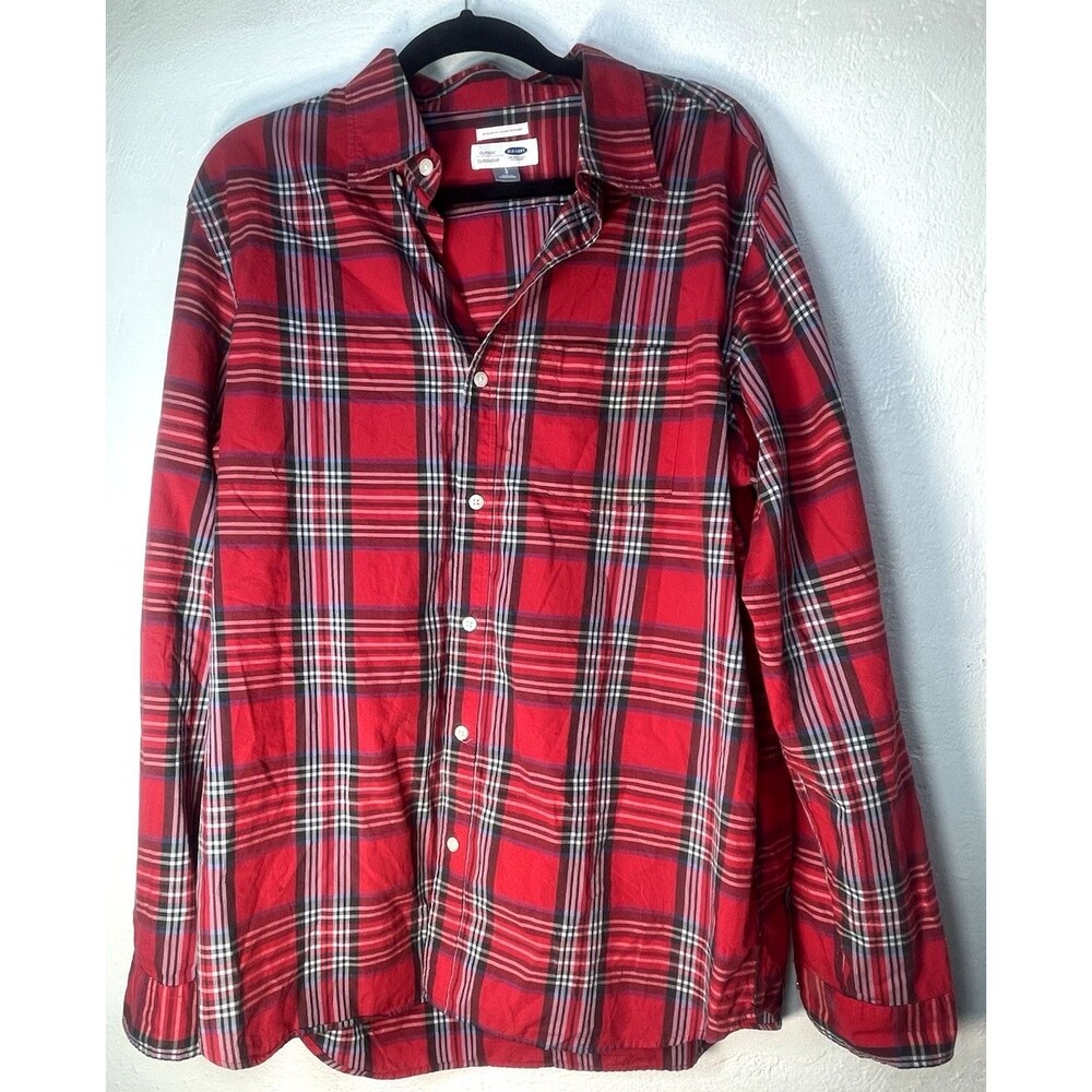 Old Navy Red/Black Plaid Long Sleeve Button-Up Shirt Point Collar Men’s L
